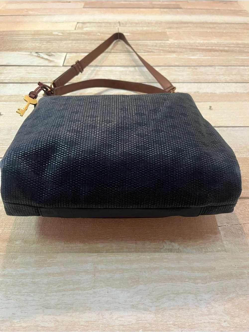Fossil Woven Navy Hobo Shoulder Bag with Brown Leather Trim